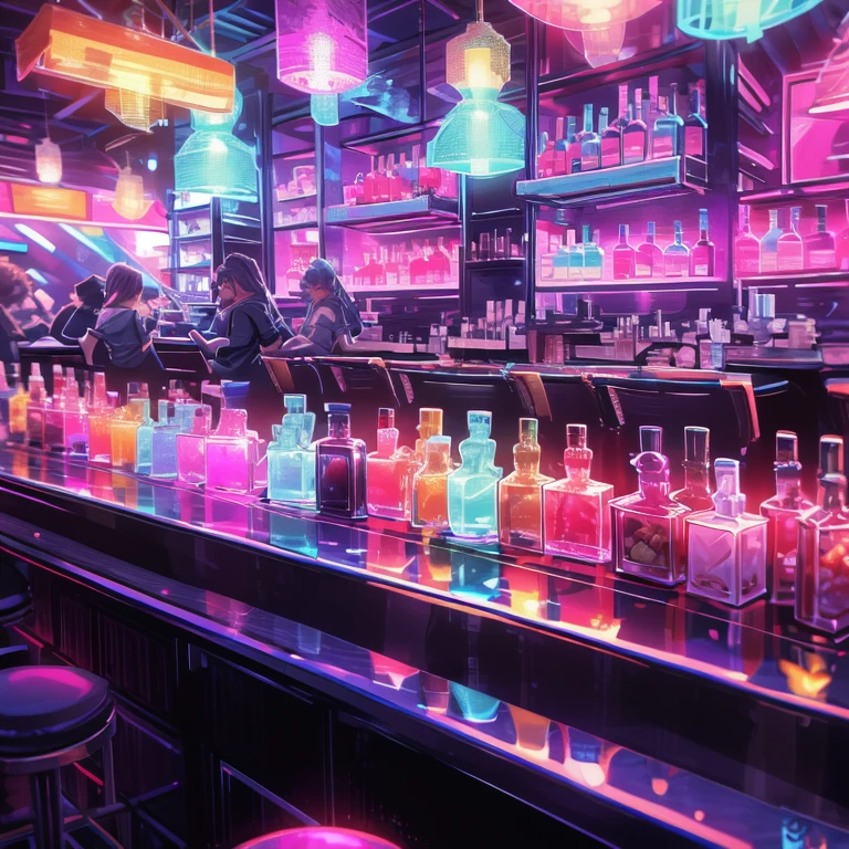 Retro Wave Tech Bar Next To Miami Beach Cocktail Bar Serves Delicious And Colorful Cocktails，Full of dark synthwave flavor, illustration, complex, industrial colours, (Food Photography Style :1.3), appetizing, professional, cooking, high resolution, commercial, Very detailed, (Dim Lights:1.15), (Chromatic Aberration:0.95), (Shooting from above, Macro photography:0.9), 15mm lens, focus, (Night Photography:1.05)