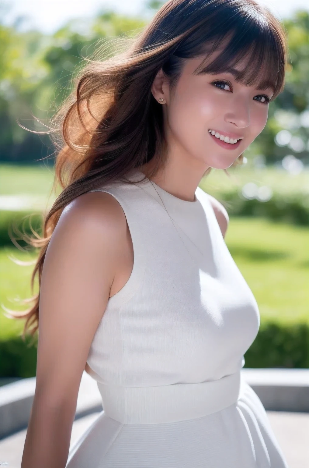 1girl,(RAW photo, best quality), (realistic, photo-realistic:1.4), masterpiece, an extremely delicate and beautiful, extremely detailed, 2k wallpaper, Amazing, finely detail, extremely detailed CG unity 8k wallpaper, ultra-detailed, highres, soft light, beautiful detailed girl, extremely detailed eyes and face, beautiful detailed nose, beautiful detailed eyes,cinematic lighting,perfect anatomy,slender body
wearing a white peplum dress,white skirt(bokeh:1.2)
at a flower park,sakura flowers,flower garden,
smiling
