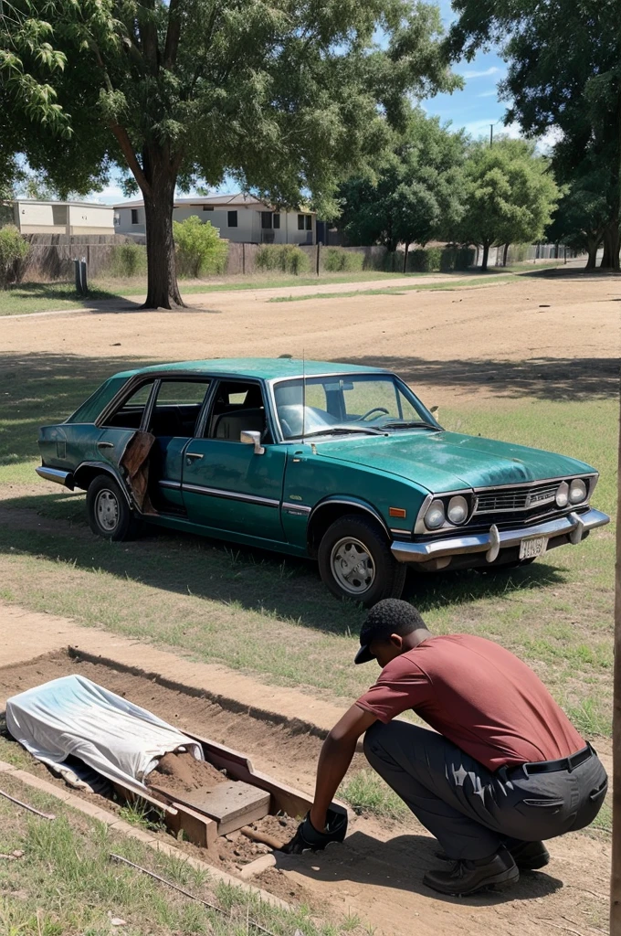 A vacant lot where a young man buries a dead body, an old car nearby