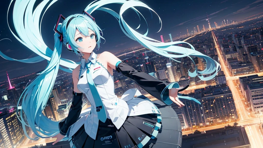 This painting depicts a scene from a city rooftop dance event featuring Hatsune Miku.。With the night view in the background、She performs energetically on the rooftop。The stage lights illuminated her futuristic outfit.、It blends in with the lights of the surrounding buildings.