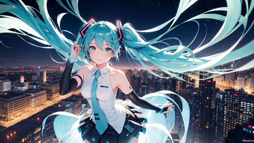 This painting depicts a scene from a city rooftop dance event featuring Hatsune Miku.。With the night view in the background、She performs energetically on the rooftop。The stage lights illuminated her futuristic outfit.、It blends in with the lights of the surrounding buildings.