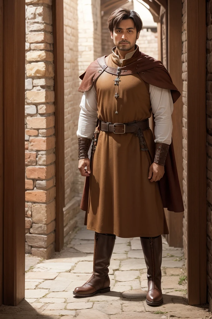 Short man with brown medieval tunic, thick belt, pants and boots on his feet
