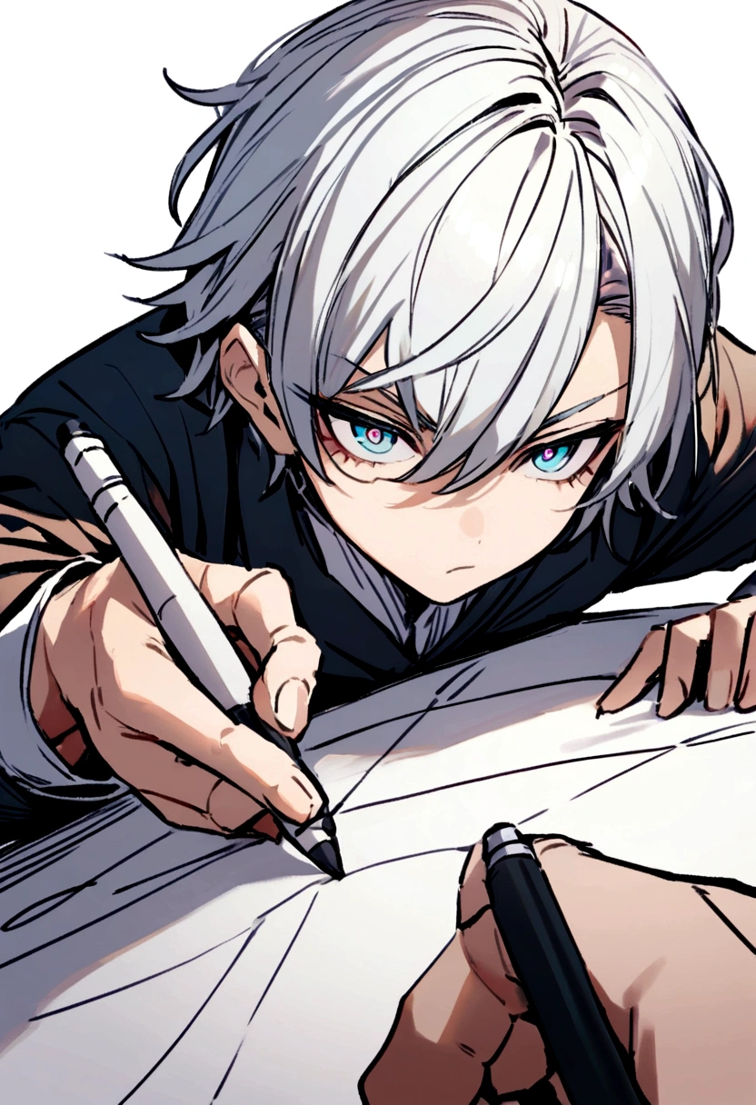 He has a refreshing yet determined look in his eyes.,Holding a pen to draw