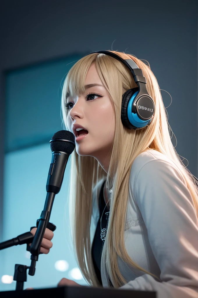 "Blonde Japanese woman, resembling Happy Sakura, elegant and captivating appearance, intricate details, high quality, (luxury:1.4), ultra-realistic 8K, perfect face, beautiful expression, beautiful eyes, blonde hair, model pose, ultra-realistic 4K, highest image quality, natural light, natural background, stylish clothing, professional artwork, modern style, clean and sophisticated look, holding a microphone and singing, female DJ wearing headphones, operating music equipment"　"Blurry image, low resolution, unnatural pose, unbalanced face, noise, excessive editing, inappropriate lighting, anime style, cartoon style, non-realistic texture, excessive saturation, artificial expression, abnormal proportions, unnatural background, low-quality details"