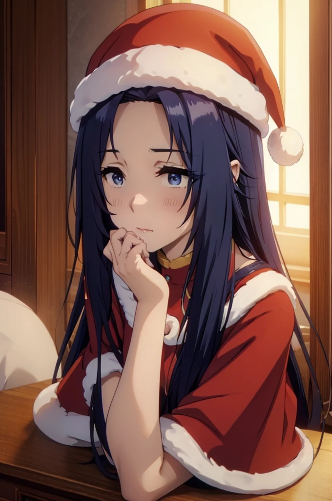 blue eyes,blue, long hair, blush, red capelet, christmas, santa dress, capelet, dress, fur-trimmed capelet, santa costume, santa hat, red dress, red headwear, bangs, breasts, fur-trimmed dress, hat, fur trim, upper body, masterpiece, best quality