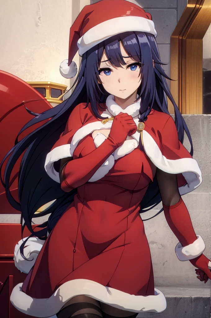 blue eyes,blue, long hair, blush, red capelet, christmas, santa dress, capelet, dress, fur-trimmed capelet, santa costume, santa hat, red dress, red headwear, bangs, breasts, fur-trimmed dress, hat, fur trim, upper body, masterpiece, best quality