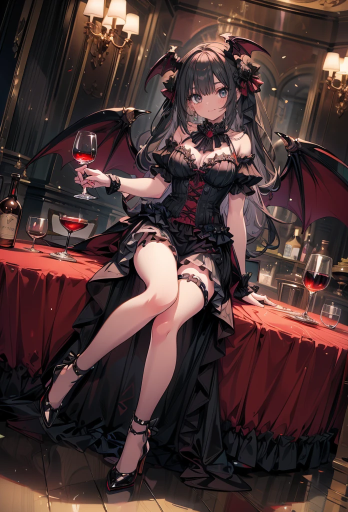 masterpiece, best quality, high resolution, extremely detailed CG, absurdres, highres, 1girl, solo, a vampire girl in gothic costume, sat at a round table with a brandy glass filled with red wine, bat_wings on head, heels, frills, luxury hall