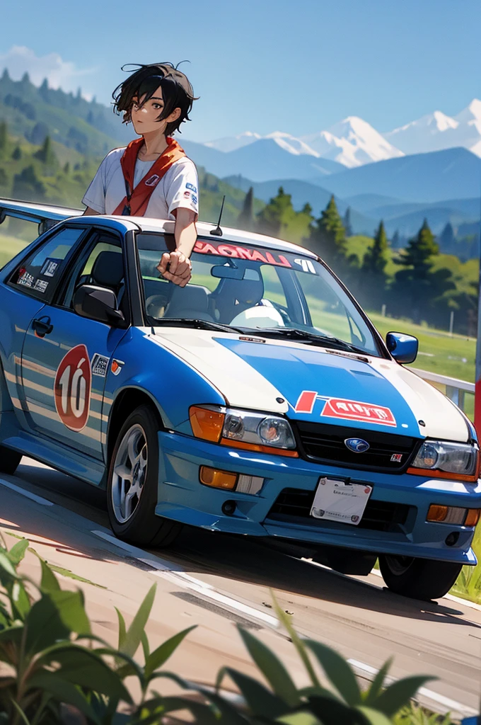 black haired boy in front of his subaru impreza wrx gc8 rally with some mountains in the background for wallpaper 