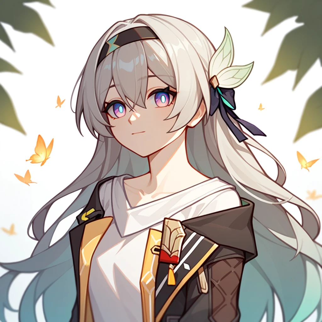 firefly_\(honkai:_star_rail\), 1girl, black_hairband, grey_hair, long_hair, purple_eyes, black_jacket, long_sleeves, hair_between_eyes, white_shirt, very_long_hair