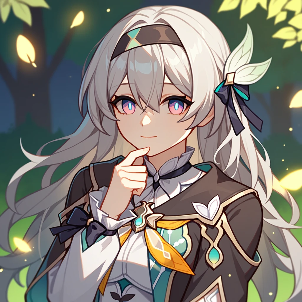 firefly_\(honkai:_star_rail\), 1girl, black_hairband, grey_hair, long_hair, purple_eyes, black_jacket, long_sleeves, hair_between_eyes, white_shirt, very_long_hair