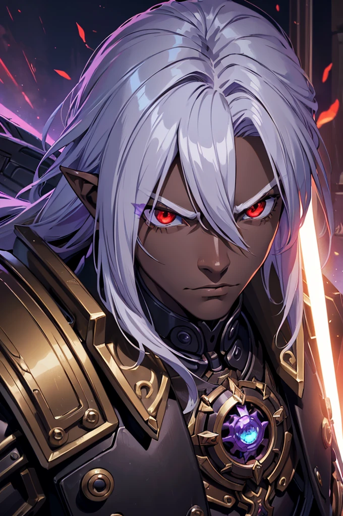 ((best quality)), ((masterpiece)), (detailed), ((boy)), ((mechanical armor)), (steampunk), (serious), dark skinned, human, upper body, portrait, red eyes, long white hair, Xemnas from Kingdom Hearts, half-drow, pointy ears, serious face, dramatic lighting, purple hue, art by Kinema Citrus