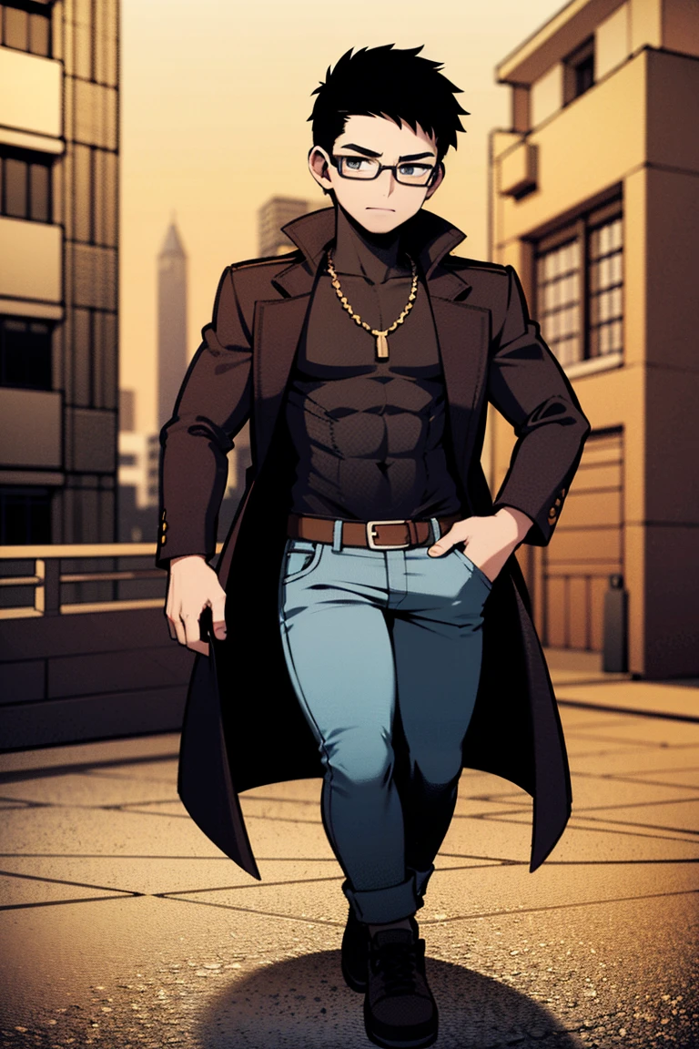 ((illustration)), (best quality)), ((masterpiece)), (detailed), ((night)), teenager, solo, 1boy, male focus, black trench coat, short hair, black hair: 2, spiky hair, jeans, rubber shoes, cityscape, lineart, thick lines, itadori, itadori_yuuji, hair bangs, muscular, turtleneck, eyeglasses,