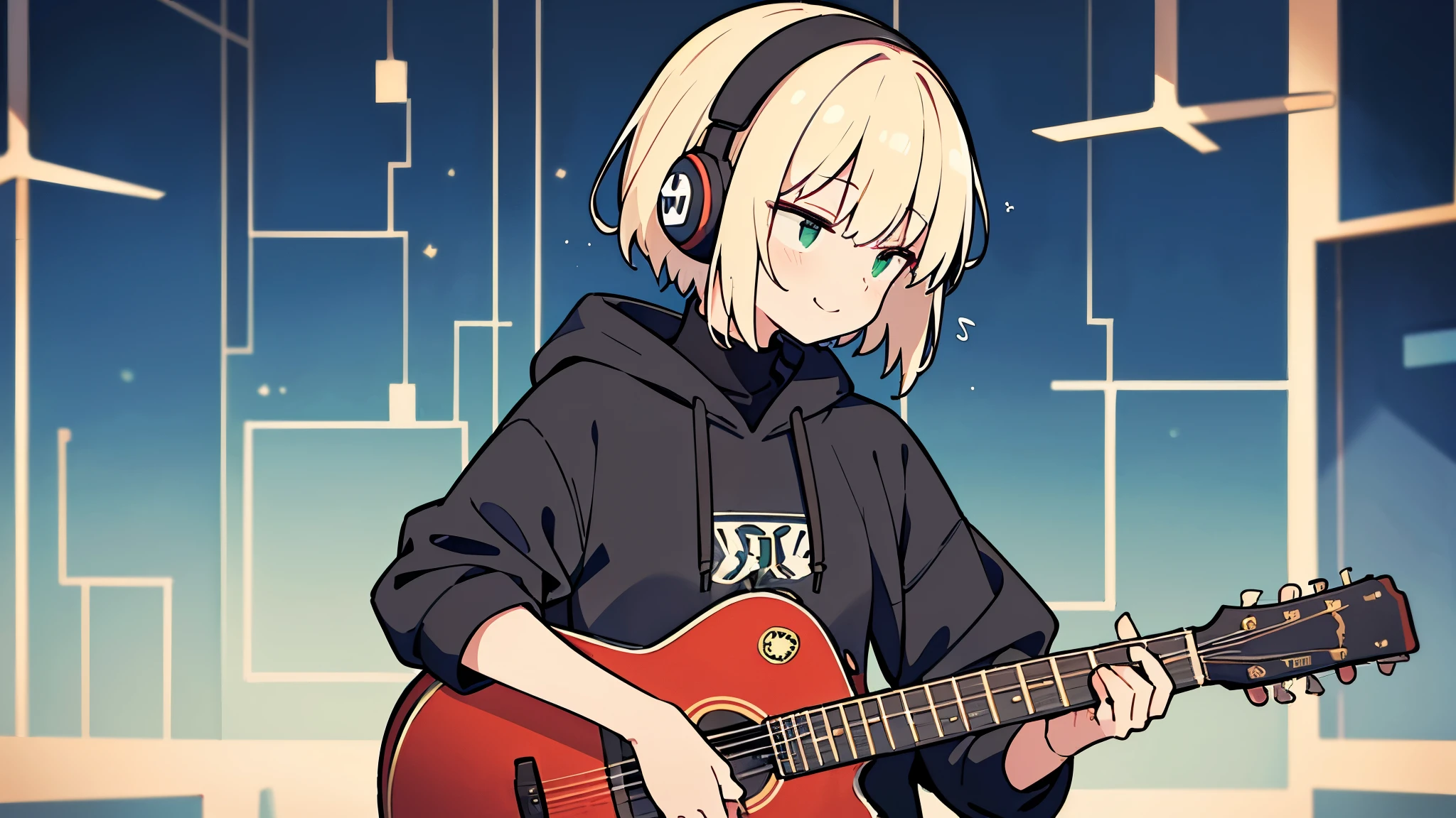 ((highest quality)), ((masterpiece)), (be familiar with), (Playing guitar in the studio)short hair、perfect face,white half-up hair,green mesh blonde、Smoke a cigarette、cool black hoodie,headphones,black gloves,turtleneck,alone,İcon、profile、Right beside、Expressionless、smile、Light-colored clothing