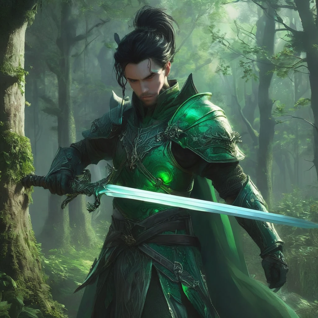Amidst the ancient forest, a short, black-haired prince clad in emerald green armor wields a legendary sword from a bygone era. Describe the moment when he encounters a mythical creature lurking in the shadows, weaving together elements of medieval dark fantasy." full body