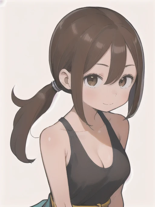 (masterpiece, high quality:1.4), break,
One Girl, Teen, alone, (Medium Hair:1.2), (Low Ponytail:1.25), Brown Hair, Hair between the eyes, Tight waist, Brown eyes, Flat Chest, break,
Black camisole, Sleeveless, 
Upper Body, 
A light smile, View your audience, （Huge breasts、Cleavage）、
Simple white background,Fertilization Background