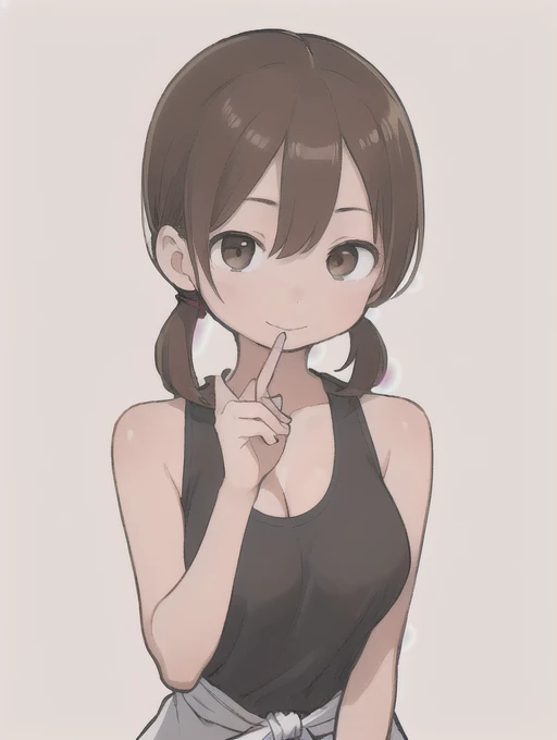 (masterpiece, high quality:1.4), break,
One Girl, Teen, alone, (Medium Hair:1.2), (Low Ponytail:1.25), Brown Hair, Hair between the eyes, Tight waist, Brown eyes, Flat Chest, break,
Black camisole, Sleeveless, 
Upper Body, 
A light smile, View your audience, （Huge breasts、Cleavage）、
Simple white background,Fertilization Background