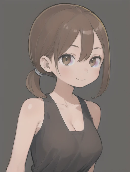 (masterpiece, high quality:1.4), break,
One Girl, Teen, alone, (Medium Hair:1.2), (Low Ponytail:1.25), Brown Hair, Hair between the eyes, Tight waist, Brown eyes, Flat Chest, break,
Black camisole, Sleeveless, 
Upper Body, 
A light smile, View your audience, （Huge breasts、Cleavage）、
Simple white background,Fertilization Background