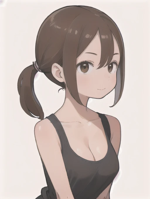 (masterpiece, high quality:1.4), break,
One Girl, Teen, alone, (Medium Hair:1.2), (Low Ponytail:1.25), Brown Hair, Hair between the eyes, Tight waist, Brown eyes, Flat Chest, break,
Black camisole, Sleeveless, 
Upper Body, 
A light smile, View your audience, （Huge breasts、Cleavage）、
Simple white background,Fertilization Background