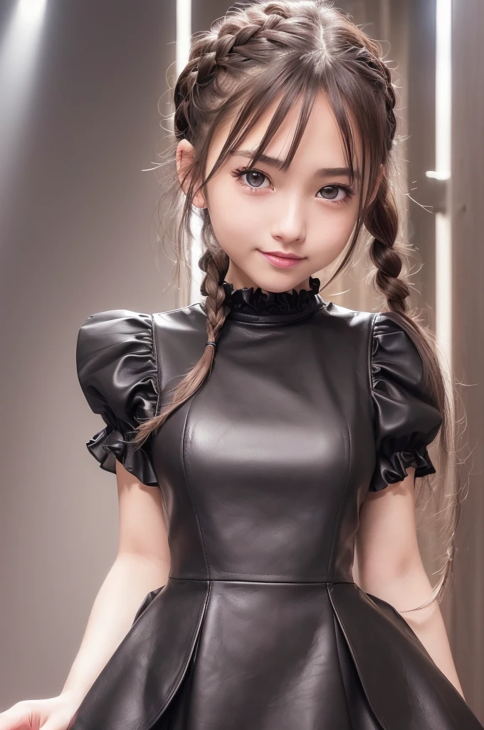 (8k high quality), (2d high quality), (high anime quality), ((beautiful young girl), (beautiful face), (shinning light brown single-braided hair), (beautiful bluish-grey eyes), (shining smooth skin), (beautiful thin eyebrow), (beautiful leather wristwatch), (black & white ruffle armhole single breasted dress), (grinning)