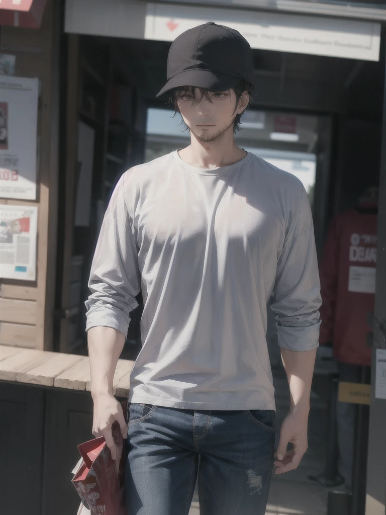 30 year old man ,tired eyes with dark circles  ,moreno ,ragged clothes gray shirt ,blue pants ,black hat ,musculoso