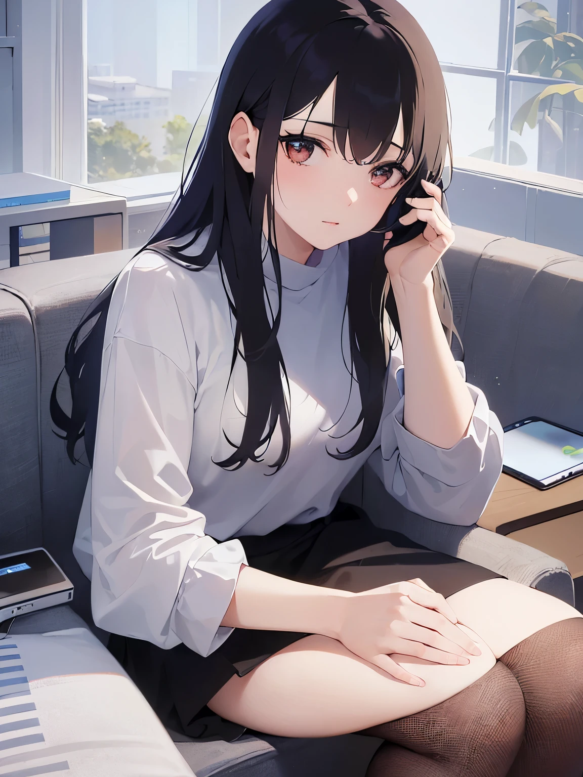 (talking on the smartphone:1.5),(handling_smart_phone, smart_phone:1.2)、(looking away:1.5), Realistic, real person, (pale skin: 1.2), RAW photo, photorealistic, shiny skin, shiny hair、(A 35-year-old woman with medium-length hair and bangs) and (wavy hair) and (brown hair) and (Orange Eyes) , Serious expression、alone,The background is the room、Sitting