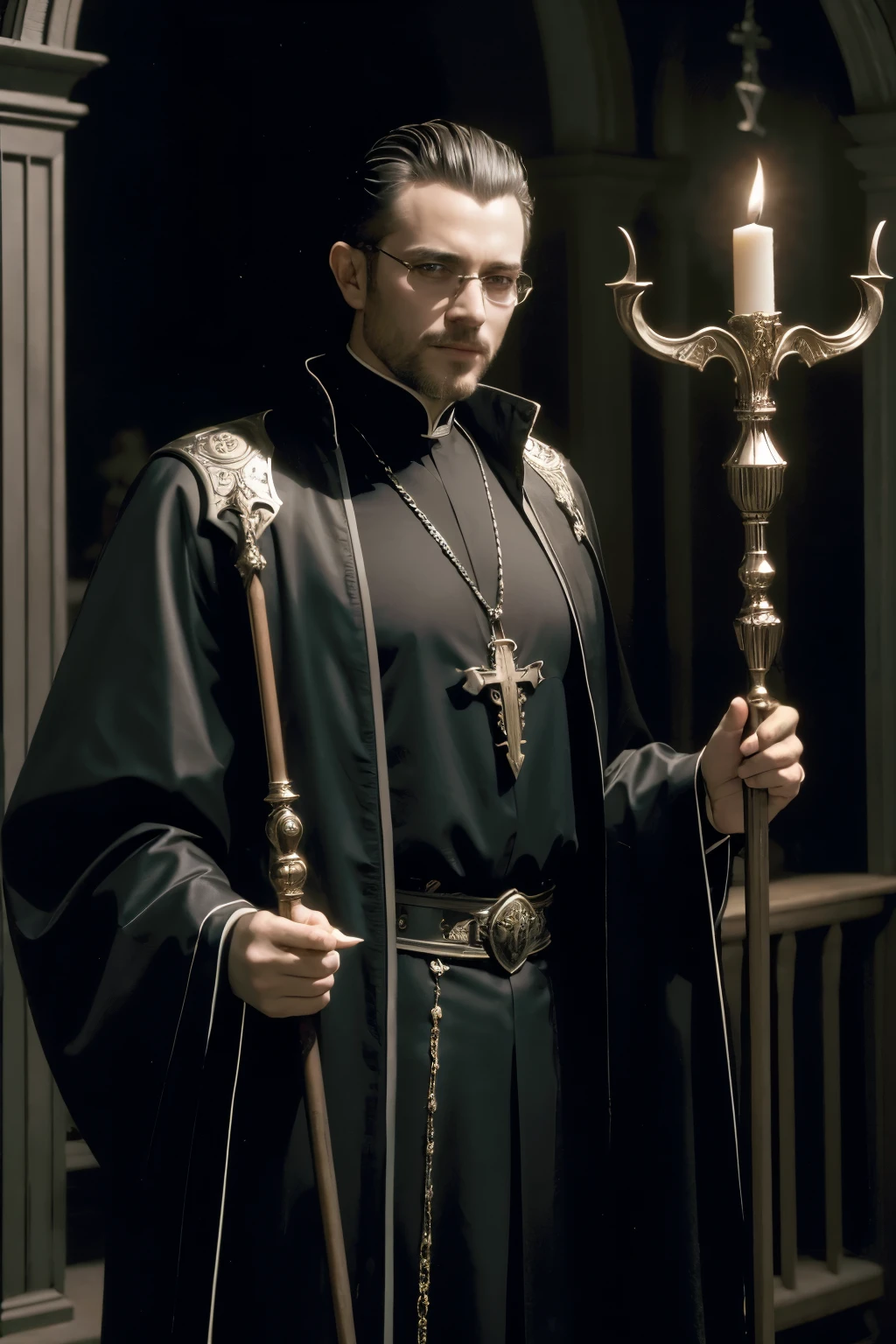 ((best qualityer)), ((work of art)), (detailded), a male vampire lord, in the dark ages, looking 40 years old, holding a staff and wearing black priest&#39;s clothing
