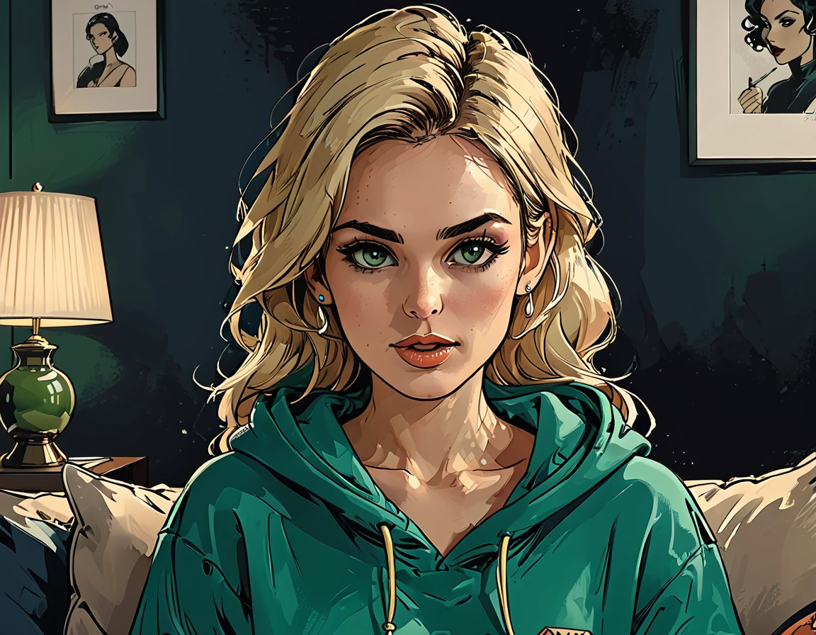 green pearl at hands,portrait girl eating a green pearl in Blue oversized hoodie and black Elastic shorts sits at sofa at dark green office, adult, [Nordic], Hourglass elongated fitness body, perfect Olive skin, Oval Face, Long neck, Rounded shoulders, perfect hand, Attached Pointed ears, round forehead, Short blonde Waves pixie hair, snub nose, Arched eyebrows, High Round Narrow cheekbones, Dimpled Cheeks, Rounded Chin, Rounded Jawline, Full nude Lips, Nude Makeup Look, long eyelashes, graphic style of novel comics, 2d, 8k, hyperrealism, masterpiece, high resolution, best quality, ultra-detailed, super realistic, Hyperrealistic art, high-quality, ultra high res, highest detailed, lot of details, Extremely high-resolution details, incredibly lifelike, colourful, soft cinematic light,