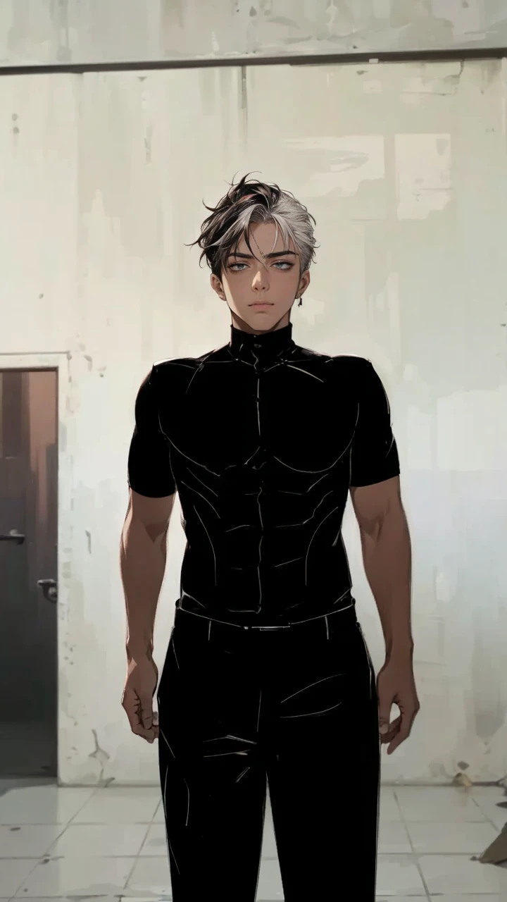 (masterpiece, best quality, highres, ultra-detailed), 1man, male focus, spiky black hair, grey eyes, handsome, detailed eyes and face, male body, earrings, ear piercing, unbuttoned black blazer, white shirt, trousers, bare collarbones, chain necklace, city slums background, by amano akira, full body, cigarette, cigarette smoke, guy smoking,1guy, masterpiece