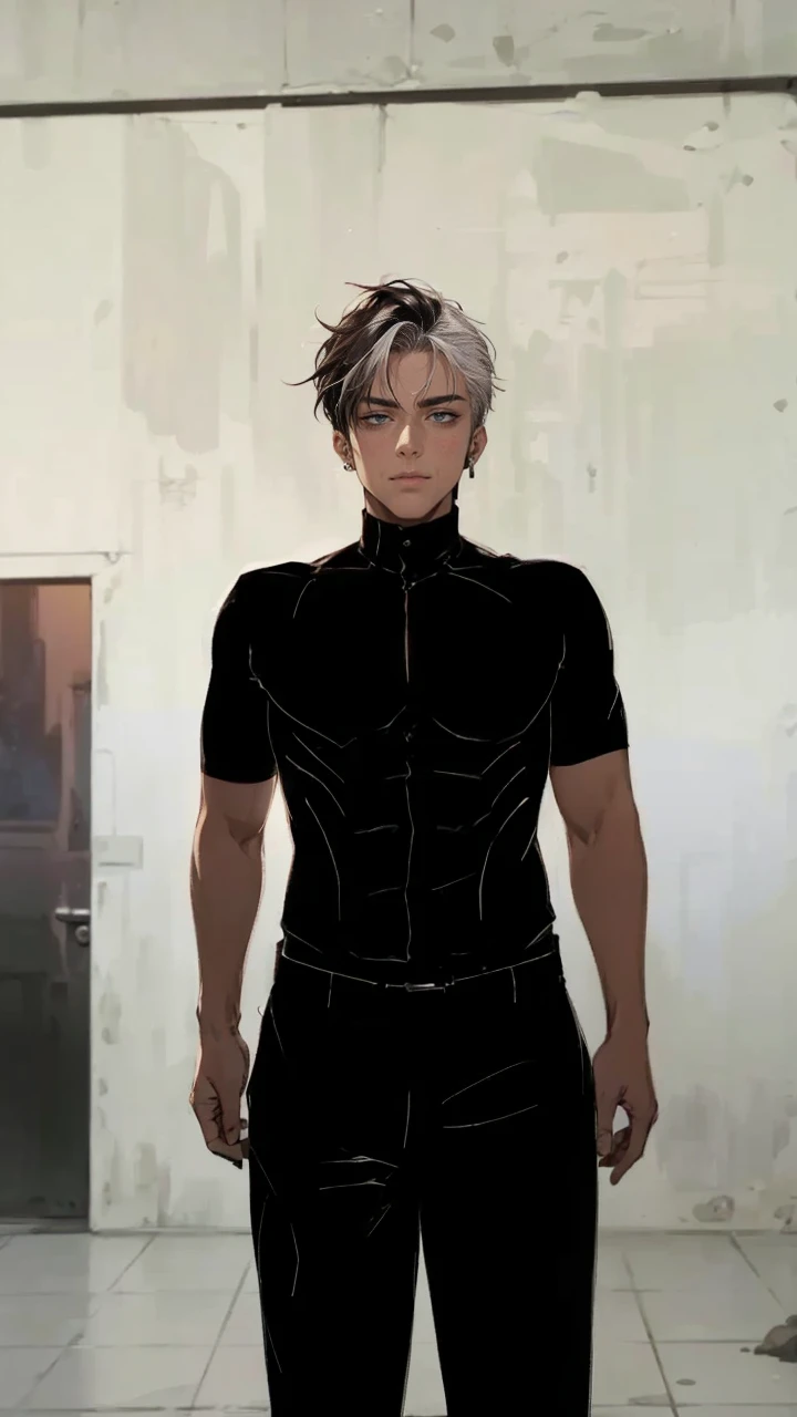 (masterpiece, best quality, highres, ultra-detailed), 1man, male focus, spiky black hair, grey eyes, handsome, detailed eyes and face, male body, earrings, ear piercing, unbuttoned black blazer, white shirt, trousers, bare collarbones, chain necklace, city slums background, by amano akira, full body, cigarette, cigarette smoke, guy smoking,1guy, masterpiece