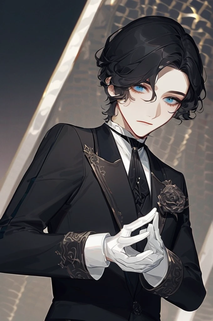 ((Лучшее качество)), ((шедевр)), (подробный), a guy with black hair and blue eyes dressed in a black funeral suit with white gloves on his hands