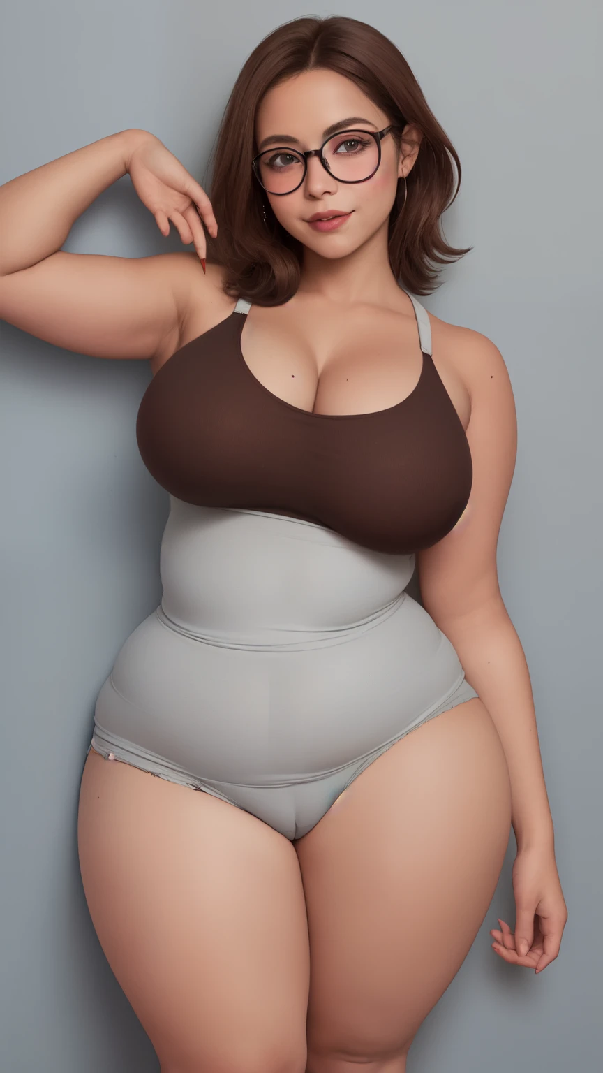 Android_18, lunettes, sourire, ((pull sans manches)), market context, (((Jupe crayon))), (((peau brune))), detailed skin, jambes parfaites, cuisses parfaites, (((Curvy Body))), gros seins, completely_nu