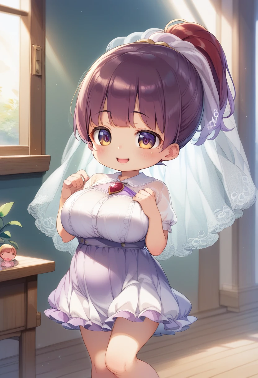 score_9,score_7_up, score_6_up, 1girl, source_cartoon, source_anime,breathtalking Scenery,watercolor,smooth soft skin, natural skin,watercolor,
BREAK
((solo)),(:1.9),(little female child:1.9),(oppai loli), (large breasts:1.3),(disproportionate breasts:1.5),(loli tod:1.4),(mini girl:1.3),(4 yo:1.3),(Toddler body:1.4),(muffin top:0.8),(preschooler:1.1),(infant:1.1),(baby face),round face,
BREAK
(high ponytail:1.7),(reddish purple hair:1.7),(highlight on eyes:1.1),(purple eyes:1.1),diagonal bangs,(smug face:1.2),doyagao,open mouth, ultra cute face,kawaii,skindantation,oily skin,smile,beautiful eyes, detailed eyes,happy,puffy eyes,
BREAK
berline wedding dress,(silk veil:1.3),high heel,silk cape,(blush:0.8),ribbon,gem,kawaii pattern,
BREAK
(indoors:1.5),Walking through the pedestrian-friendly lanes, we were surrounded by an explosion of emerald greenery that seemed to breathe life into the city