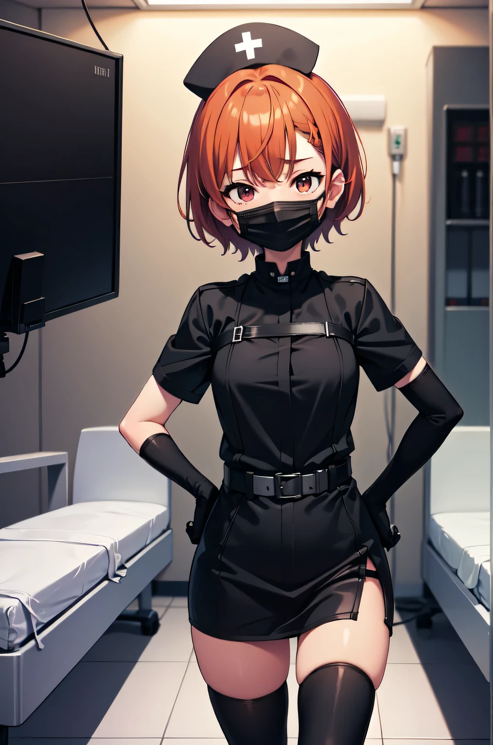 black nurse, 1girl, solo, black nurse cap, black nurse uniform, ((black legwear, zettai ryouiki)), black elbow gloves, very short hair, orange hair, ((black surgical mask, covered nose)), standing, ((surgery room)), sharp outline, short sleeves, tomboy, boyish, best quality, masterpiece
