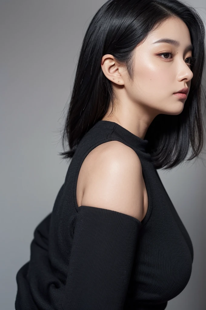 adult plump woman,dark black hair,27 years old,make up,(fair skin,thick upperarms:1.3),close up,crewneck gray shirt,from side, sleeveless