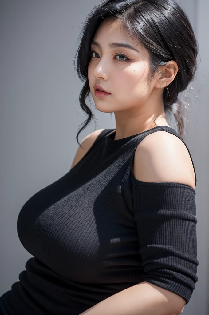 adult plump woman,dark black hair,27 years old,make up,(fair skin,thick upperarms:1.3),close up,crewneck gray shirt,from side, sleeveless