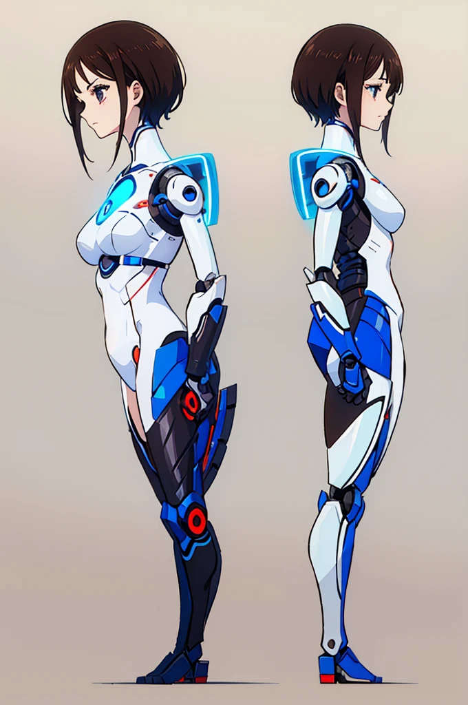(full body) (same character front, back, side view) (model sheet) (multiple views of the same character), beautiful eyes, anime woman, perfect anatomy, delicate face, short brown hair, skin very white, wearing black robotic futuristic technological black suit with energy circles on shoulders with blue led lines
