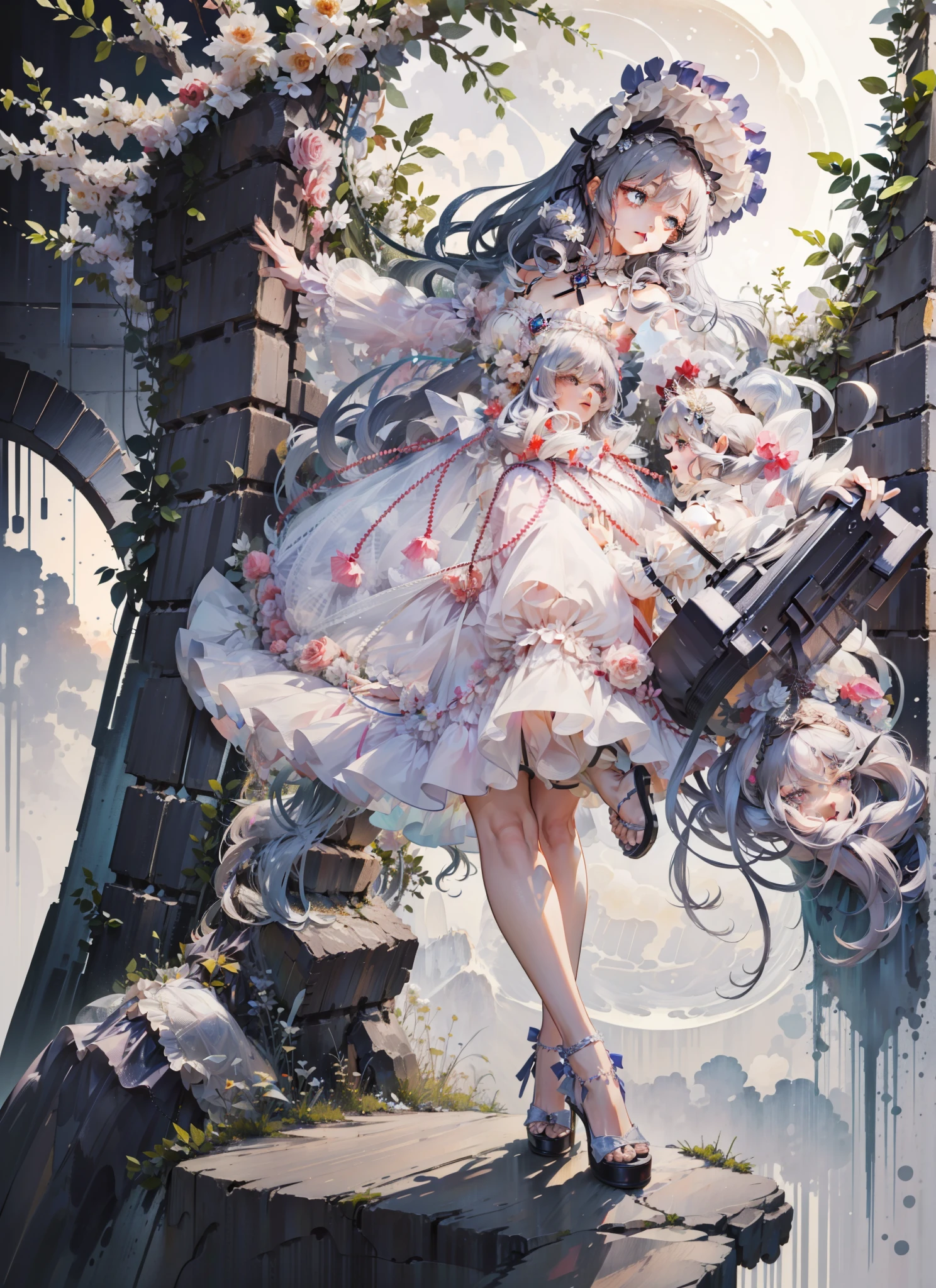 (Extremely delicate and beautiful:1.5),A Russian girl in her early 20s with ash grey hair, standing on your feet, solo, full body,Sweet face,Light smile,By bangs, Gemstone eyes, Contre-Jour,Long curly hair, Gothic-ta dress, Keep one's mouth shut, seen from the side, lanterns, light particules, longer sleeves, looking at viewert,pink bows, The background is filled with seven colors, The face is dense((must)), Masterpiece