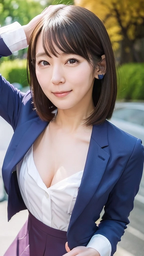 1 female,Beauty,Beautiful face,smile,Crouching and watching the viewer,Office Lady,In a suit,A dignified appearance,Perfect Style,Take off your jacket,Cleavage,focus on the chest,（spread 2 legs）,(show off panty),View from above,Front view,Ultra-realistic,Ultra high definition,Highest quality,8K,Masterpiece