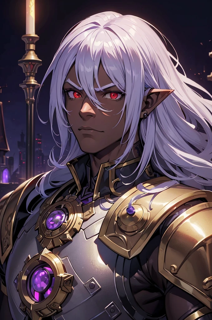 ((best quality)), ((masterpiece)), (detailed), ((boy)), ((mechanical armor)), (dungeonpunk),(steampunk), (serious), dark skinned, human, upper body, portrait, red eyes, long white hair, Xemnas from Kingdom Hearts, half-drow, pointy ears, serious face, dramatic lighting, purple hue, art by Kinema Citrus