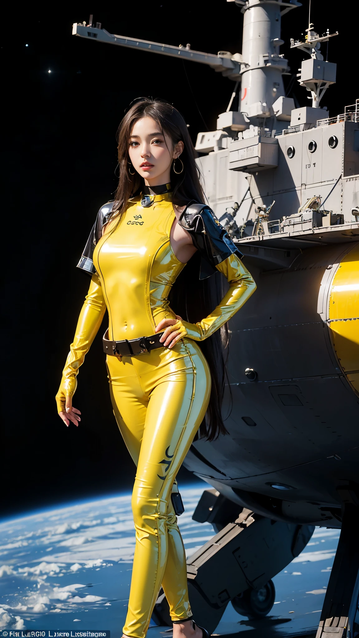 ((masterpiece:1.4)、(Highest quality:1.4)、(Realistic:1.7))、Masterpiece:1.4、(Top-notch rendering:1.4)、(Kaoru, the beautiful navigator of the Space Battleship Fuji:1.4)、Super Beauty航海士Kaoru、(By Luis Royo:1.4)、(A uniform that accentuates your beautiful figure:1.2)、(Futuristic sci-fi battle fashion:1.2)、(Street Style Wear)、(Tight Fit Pants)、(Shiny luxury latex:1.4)、(Luxury yellow latex:1.4)、19 years old、(Cute Tattoos:1.4)、(Wearing yellow gloves)、Cute Girl、Super Beauty、(Seductive pose)、Sharp Focus、Portrait Photography:1.4、8K、Photorealistic images:1.4、(Perfect female body:1.4)、Perfect proportions、(Standing:1.4)、(Upper body shot:1.4)、Beautiful Face、Fearless look、Beautiful Eyes、(A girl with a beautiful body and slender abdominal muscles)、(Narrow waist:1.4)、(9-body proportions beautiful girl:1.4)、(A beautiful girl with long legs and a good figure:1.4)、Beautiful feet:1.4、(Long Hair:1.2)、Heavy makeup、Eyeshadow、Glow Eye、Glow Lip、Beautiful breasts、Large Breasts:1.2、sexy ass、(Standing facing forward:1.4)、Raw photo、Red lips、Yellow high heels:1.4、choker:1.4、necklace:1.4、Earrings:1.4、1 Screen Display:1.4、Space Battleship Fuji&#39;s bridge:1.2