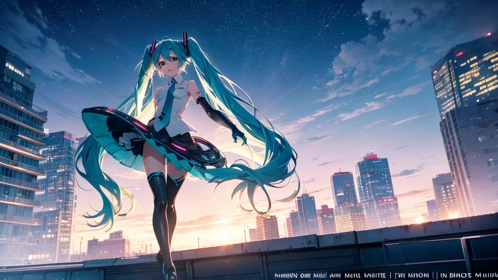 This painting depicts a scene from a city rooftop dance event featuring Hatsune Miku.。With the night view in the background、She performs energetically on the rooftop。The stage lights illuminated her futuristic outfit.、It blends in with the lights of the surrounding buildings.