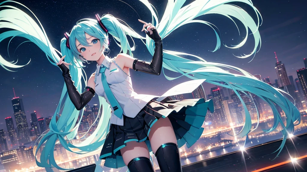 This painting depicts a scene from a city rooftop dance event featuring Hatsune Miku.。With the night view in the background、She performs energetically on the rooftop。The stage lights illuminated her futuristic outfit.、It blends in with the lights of the surrounding buildings.