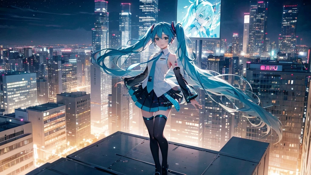 This painting depicts a scene from a city rooftop dance event featuring Hatsune Miku.。With the night view in the background、She performs energetically on the rooftop。The stage lights illuminated her futuristic outfit.、It blends in with the lights of the surrounding buildings.