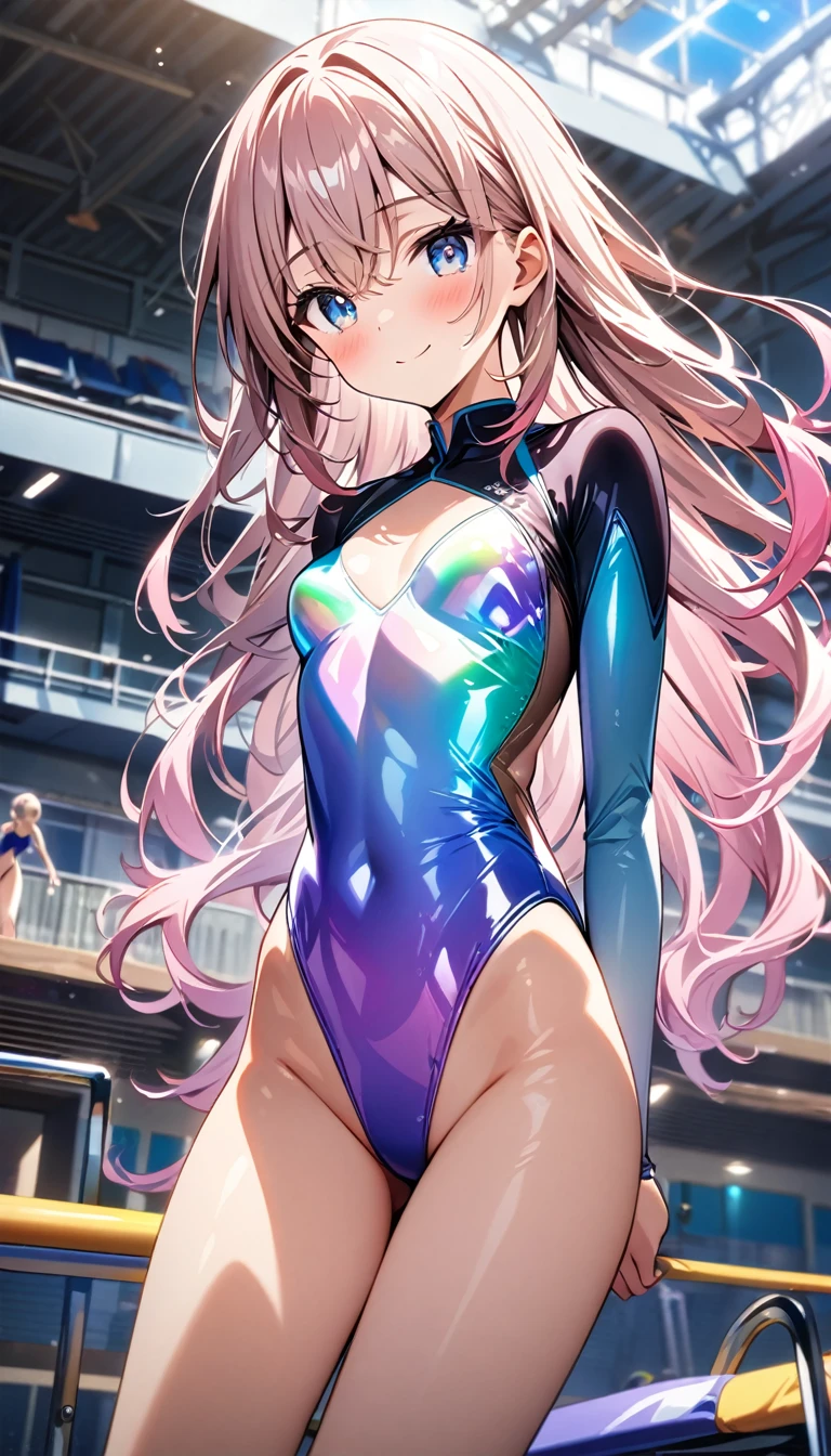 highquality illustration, masterpiece, very delicate and beautiful, attractive girl,(gymnastics leotard, Floral patterns leotard,long sleeve leotard with glittery decoration,high_leg leotard,athletic leotard,tight-fit leotard,iridescent gradient leotard),thin,slender body,slim,high school,gymnasium background,gymnastics club,gymnastics athlete,princess, beautiful eyes,light smile,(masterpiece, best quality:1.2), highres, extremely detailed CG unity 8k wallpaper, perfect lighting, Colourful, ultra-high res,4K,ultra-detailed, photography, 8K, HDR,  ages, 