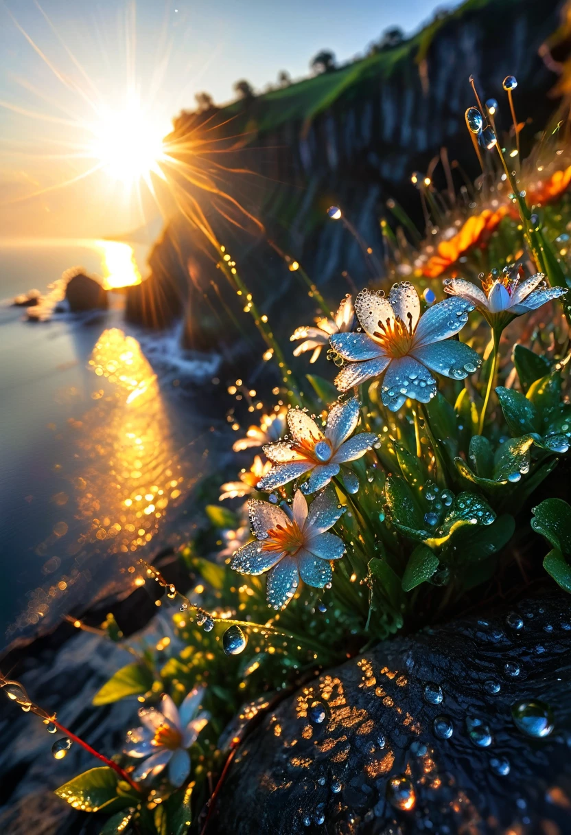 Intricate details, detailed, realism,The first rays of sunlight in the morning，Dew drops on flowers on the cliff，(sunrise，Lens Flare)，Nice photos，HD Wallpapers，Natural light, dramatic, Source reality,
