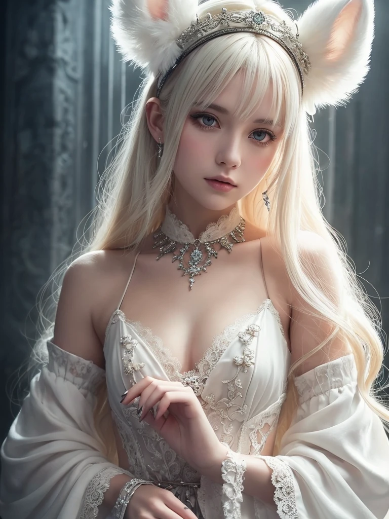 Create an image of a young woman with a fantasy aesthetic. She has platinum blonde hair styled in loose waves and is wearing a headband with white, fluffy rabbit ears. She is dressed in an elaborate, elegant outfit featuring intricate lace and embroidery, predominantly in shades of white and cream. She is holding a white fluffy object, possibly a pompom, close to her face with both hands. The setting is mystical and dark, with a softly lit background that includes faint, glowing orbs and a circular, ornate pattern behind her. The overall atmosphere is ethereal and magical, with a focus on her gentle expression and delicate features.