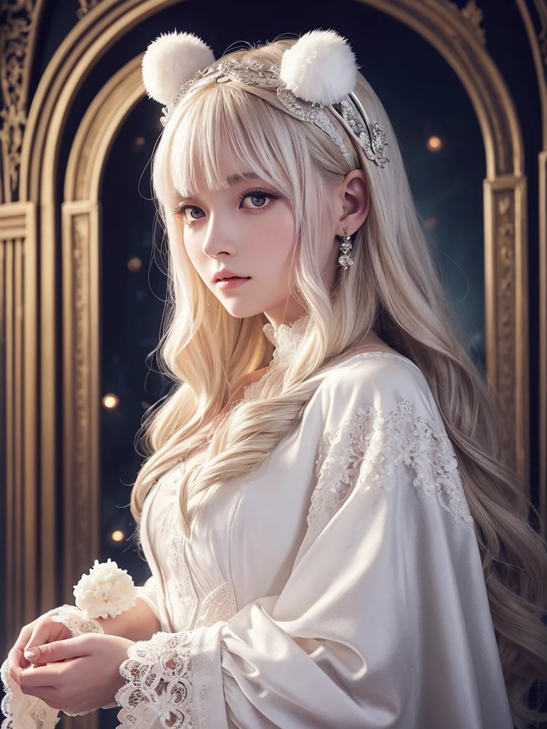 Create an image of a young woman with a fantasy aesthetic. She has platinum blonde hair styled in loose waves and is wearing a headband with white, fluffy rabbit ears. She is dressed in an elaborate, elegant outfit featuring intricate lace and embroidery, predominantly in shades of white and cream. She is holding a white fluffy object, possibly a pompom, close to her face with both hands. The setting is mystical and dark, with a softly lit background that includes faint, glowing orbs and a circular, ornate pattern behind her. The overall atmosphere is ethereal and magical, with a focus on her gentle expression and delicate features.
