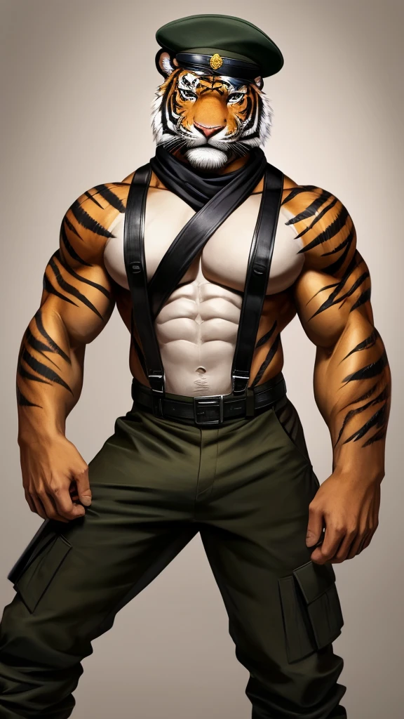 furry bara, a tiger man, orange in color, he is handsome, with medium sized hair tied up, he is a military man and he has a scar on his left eye, the scar is red, he has black eyes with a white pupil, He wears a military beret with black and gold details, he has a pink snout, he wears a black scarf that covers his throat and a little of his shoulders, he wears a katana on his back, he is shirtless and he has a white belly that the white goes up to his neck, he is shirtless and he has stripes across his body, he is very muscular, with a tattoo on his left shoulder, he wears faxes which are black bandages from the elbow to the wrists, he wears black cargo pants with ribbons and rings, and wears a black suspender, and he wears a black military boot.