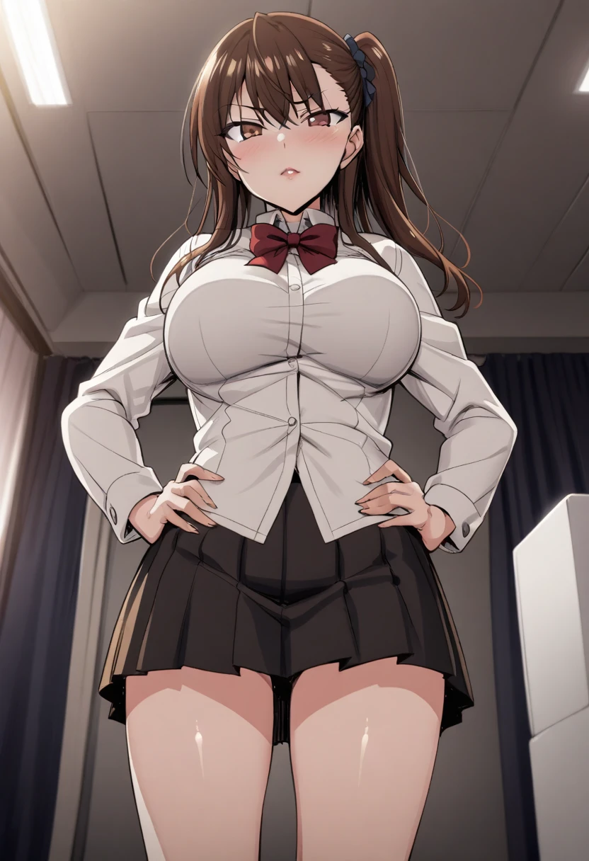 hmanga, (best quality, masterpiece:1.2), ultra detailed, (anime), 1girl, Izumi Nogami \(Ijirare Fukushuu Saimin\), brown hair, Side ponytail, brown eyes, large breasts, lips, white shirt,red bowtie, pleated_skirt, black skirt, black socks, standing, hands on hips, (front view),