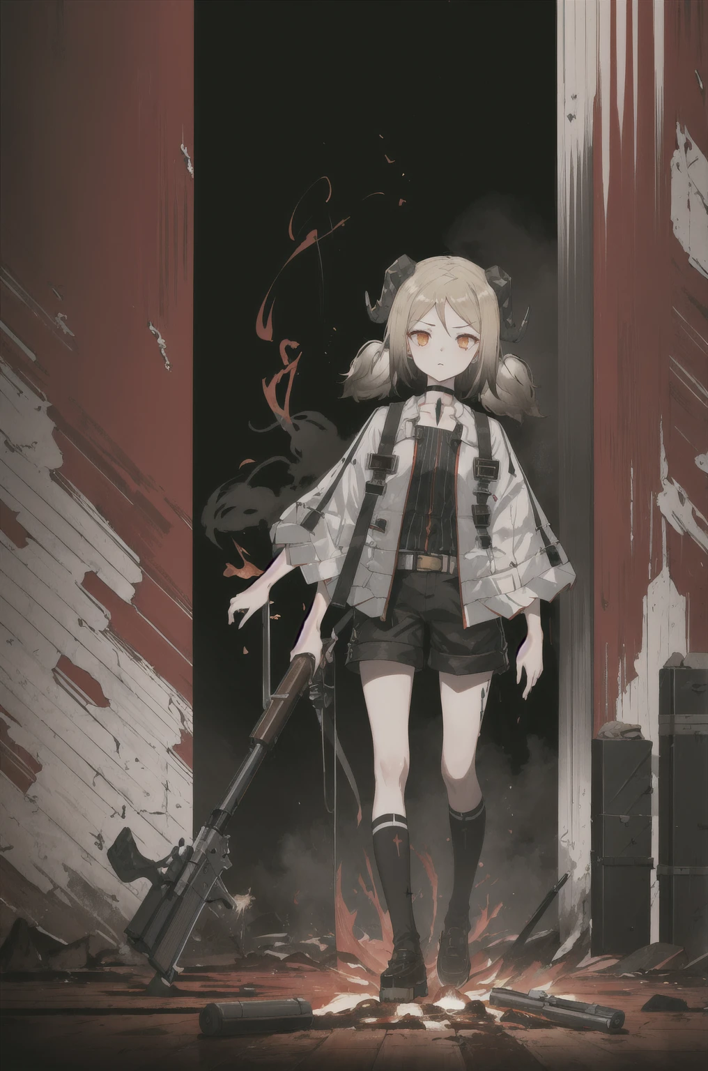 8K,high resolution,absurd,masterpiece,best quality,The original,Extremely detailed CG,Extremely detailed wallpaper,Perfect lighting,1 Girl,Vague_background,
(hutaodef:1.2),Black shorts,black h在 with h在 ,Regular Clothes,explode,battlefield,Gunsmoke